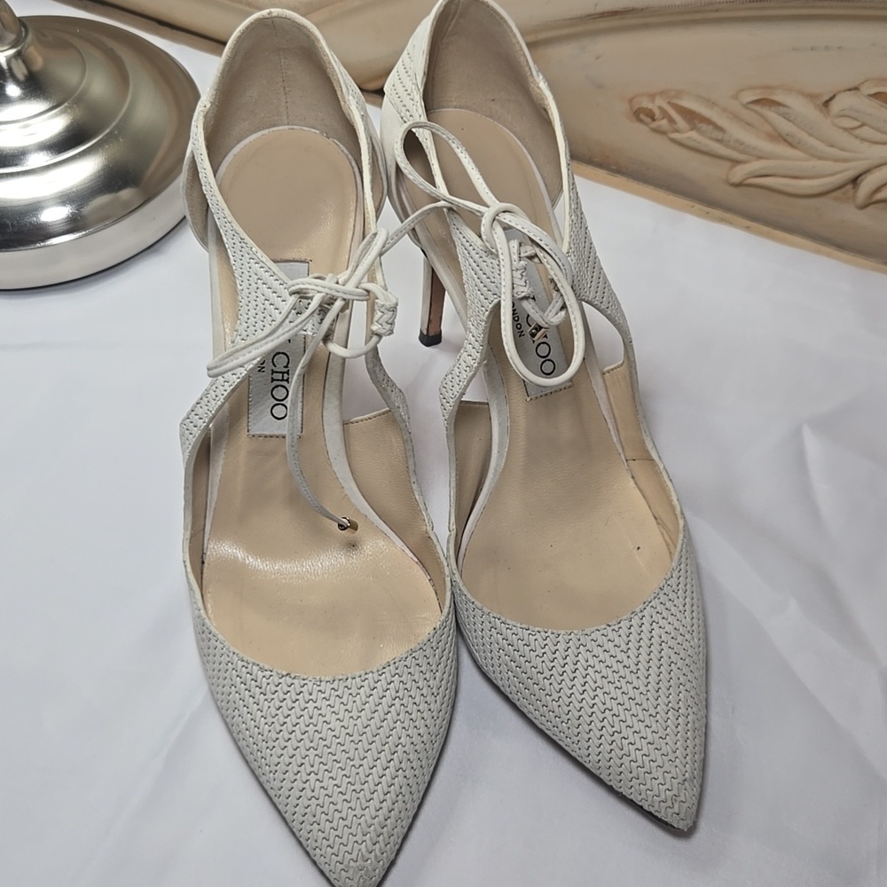 Jimmy Choo Tie up Pumps Eggshell Off white Weave Texture 37.5